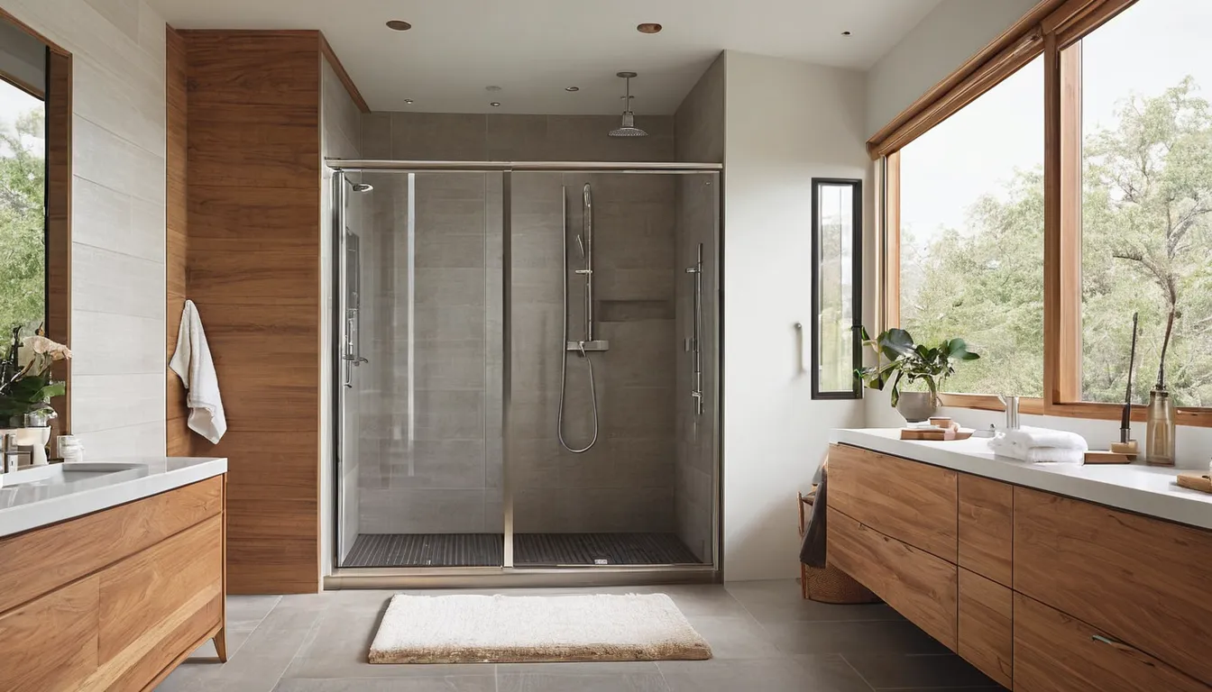 Bright, modern walk-in shower with a low entry, bench seat and grab bar in a Sultan home